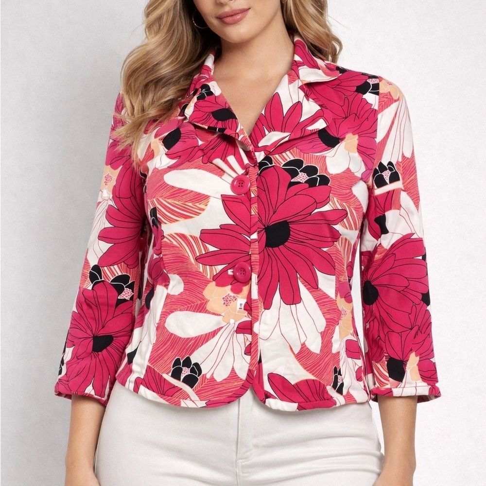 Rafaella Vibrant Pink Floral Button-Front 3/4 Sleeves Jacket Top (1079)